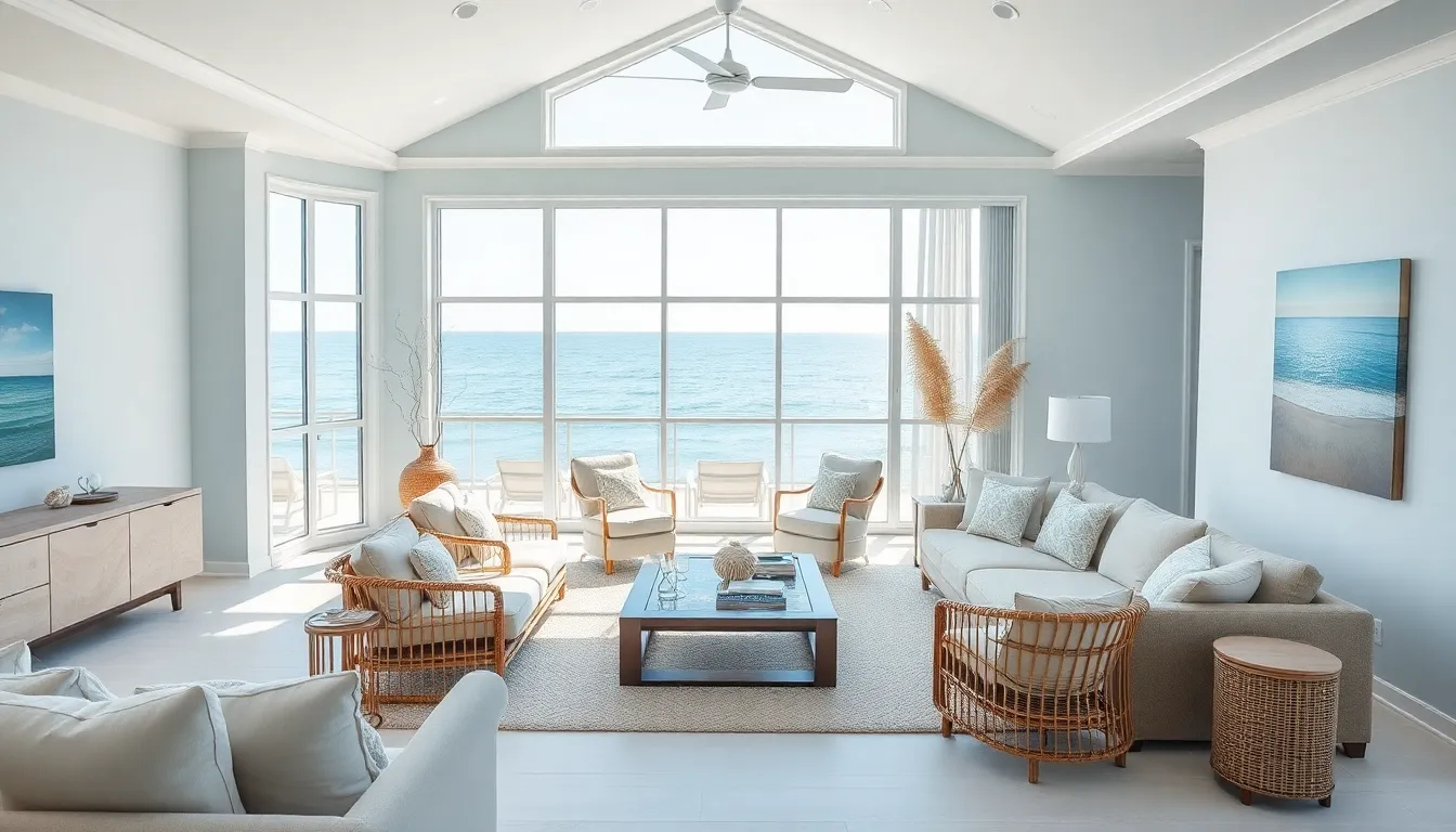 a coastal interior design featuring light colors and natural materials.